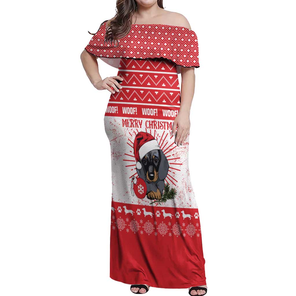Christmas Dachshund Dog Off Shoulder Maxi Dress Santa Hat Woof Snowflake Paw Design - Wonder Print Shop