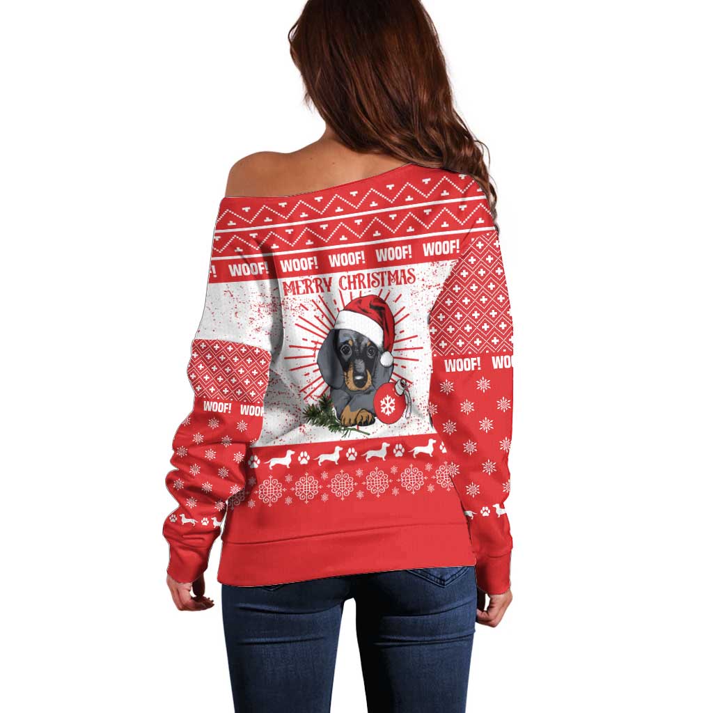 Christmas Dachshund Dog Off Shoulder Sweater Santa Hat Woof Snowflake Paw Design - Wonder Print Shop