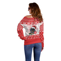 Christmas Dachshund Dog Off Shoulder Sweater Santa Hat Woof Snowflake Paw Design - Wonder Print Shop