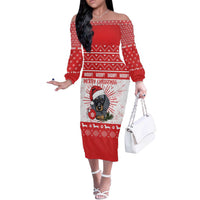 Christmas Dachshund Dog Off The Shoulder Long Sleeve Dress Santa Hat Woof Snowflake Paw Design - Wonder Print Shop