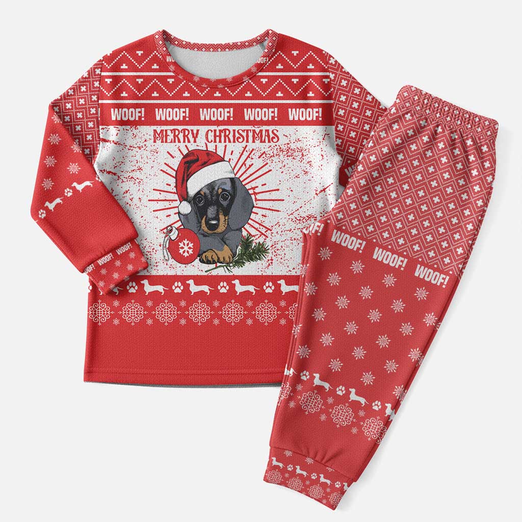 Christmas Dachshund Dog Christmas Pajama Set Santa Hat Woof Snowflake Paw Design - Wonder Print Shop
