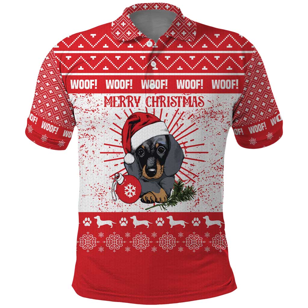 Christmas Dachshund Dog Polo Shirt Santa Hat Woof Snowflake Paw Design - Wonder Print Shop