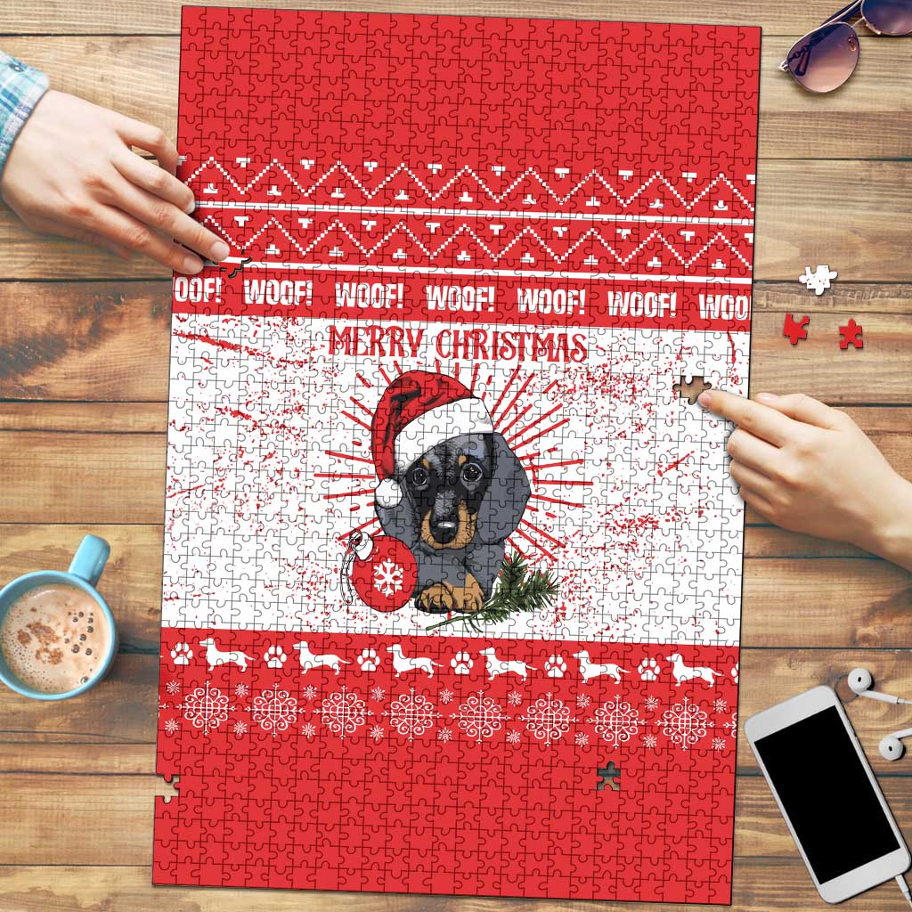 Christmas Dachshund Dog Puzzle Santa Hat Woof Snowflake Paw Design - Wonder Print Shop