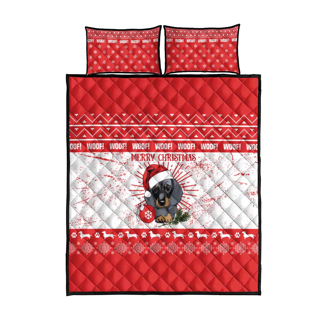 Christmas Dachshund Dog Quilt Bed Set Santa Hat Woof Snowflake Paw Design - Wonder Print Shop