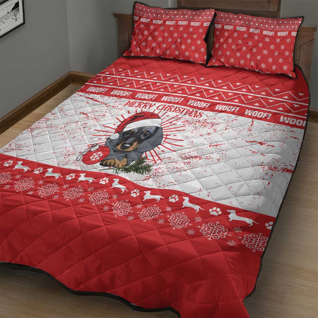 Christmas Dachshund Dog Quilt Bed Set Santa Hat Woof Snowflake Paw Design - Wonder Print Shop