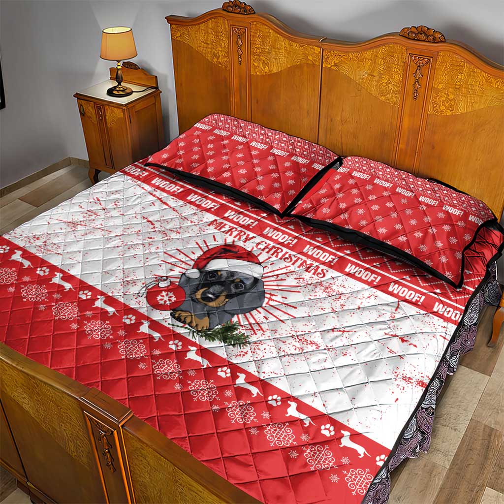 Christmas Dachshund Dog Quilt Bed Set Santa Hat Woof Snowflake Paw Design - Wonder Print Shop
