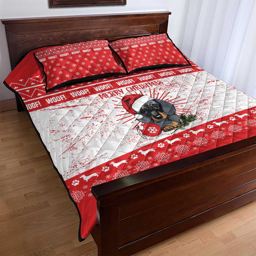 Christmas Dachshund Dog Quilt Bed Set Santa Hat Woof Snowflake Paw Design - Wonder Print Shop