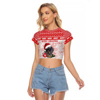 Christmas Dachshund Dog Raglan Cropped T Shirt Santa Hat Woof Snowflake Paw Design - Wonder Print Shop