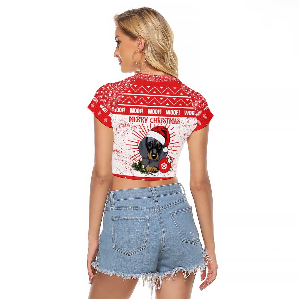 Christmas Dachshund Dog Raglan Cropped T Shirt Santa Hat Woof Snowflake Paw Design - Wonder Print Shop