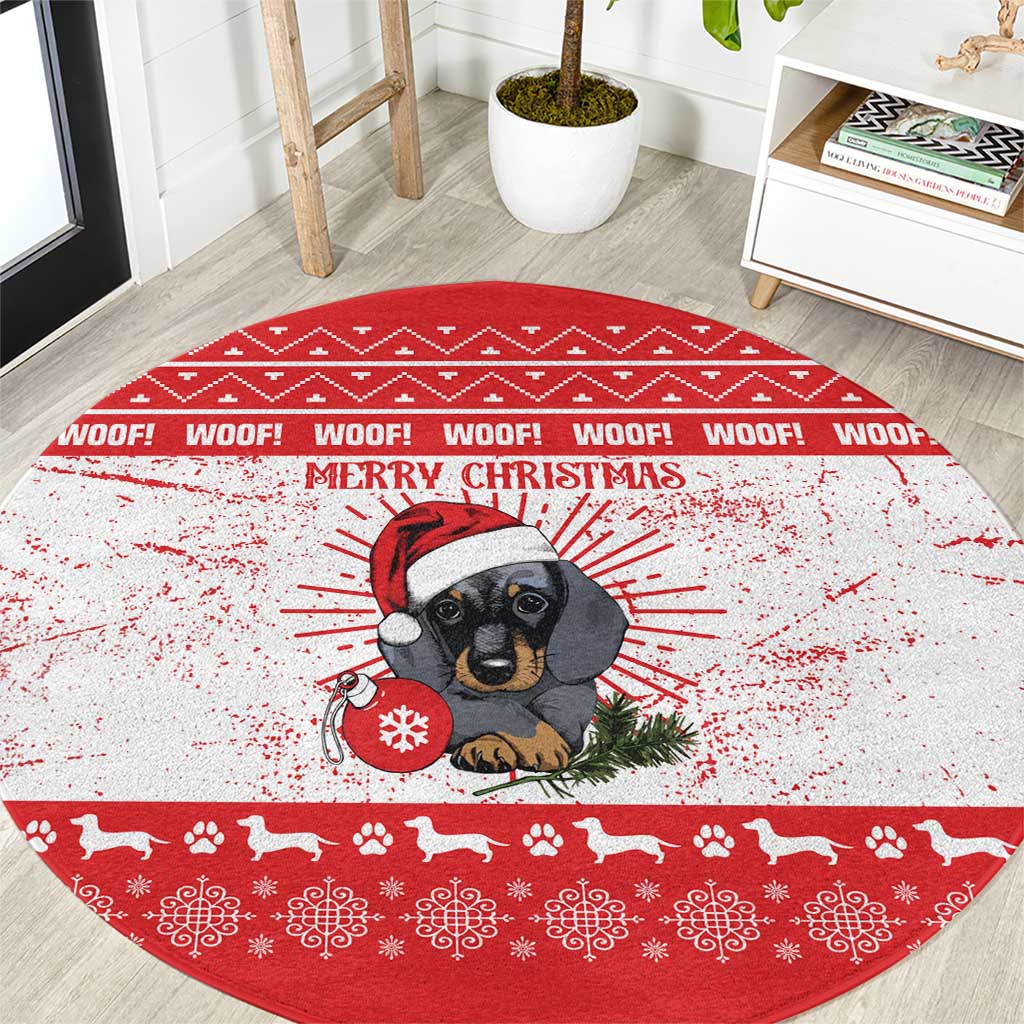 Christmas Dachshund Dog Round Carpet Santa Hat Woof Snowflake Paw Design - Wonder Print Shop