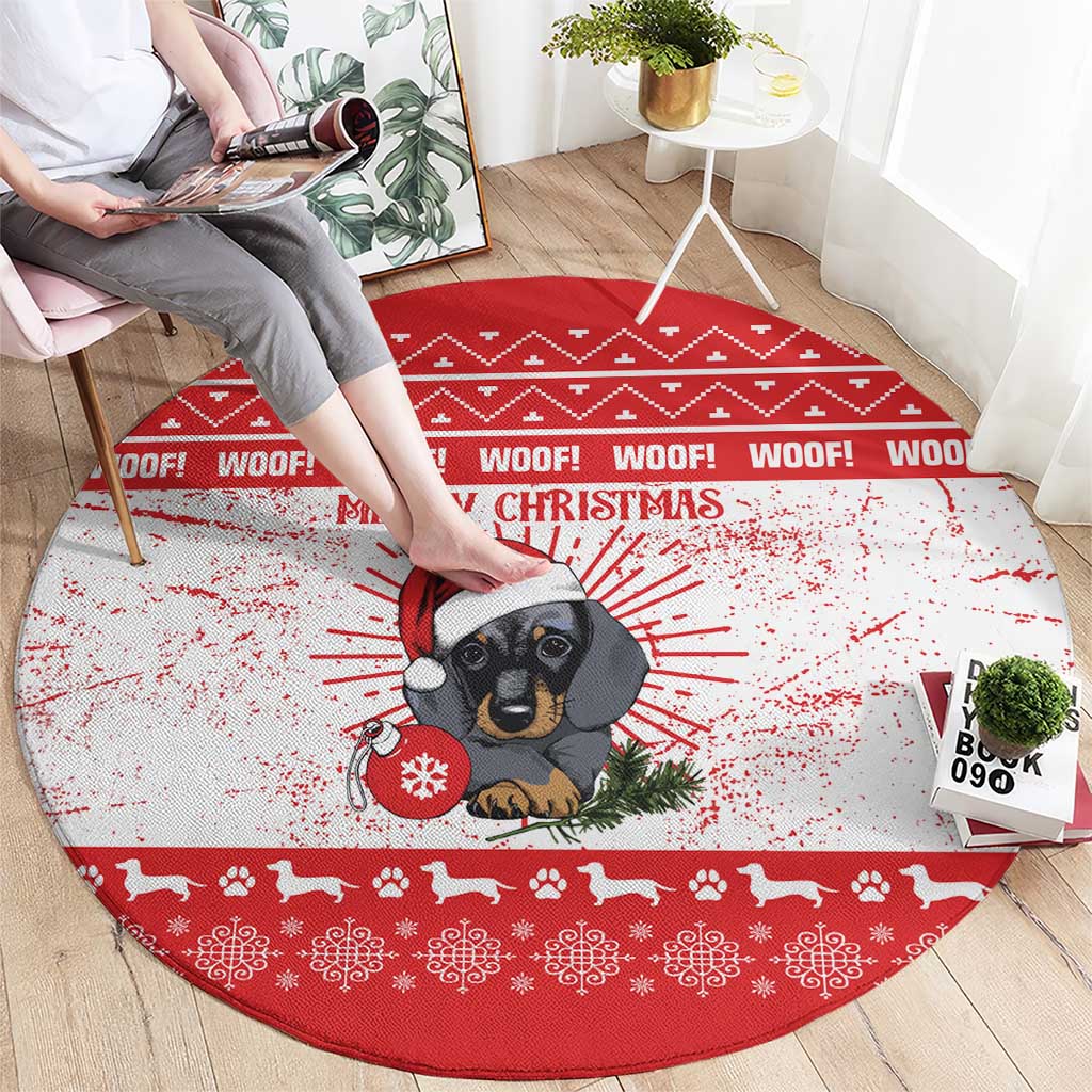 Christmas Dachshund Dog Round Carpet Santa Hat Woof Snowflake Paw Design - Wonder Print Shop