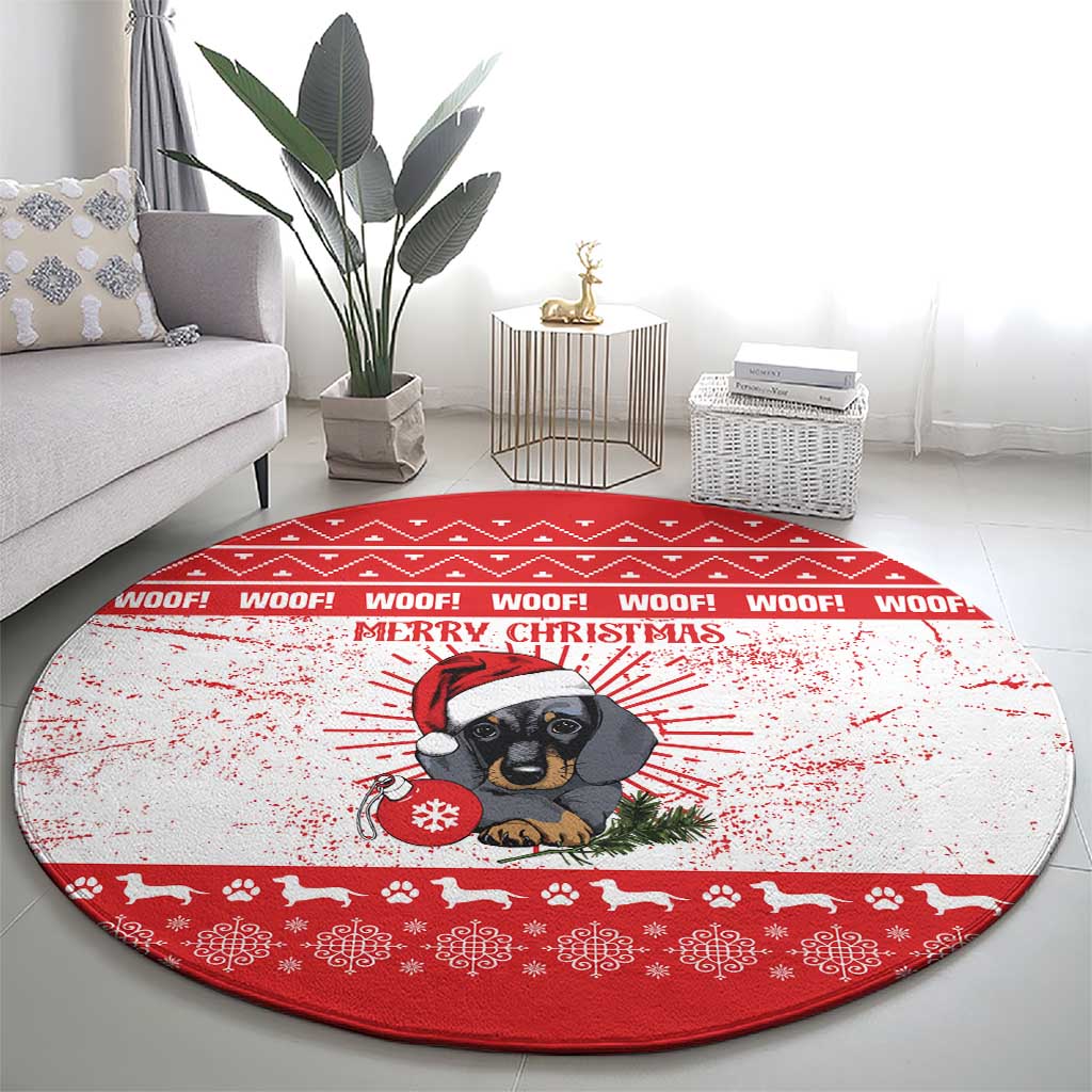 Christmas Dachshund Dog Round Carpet Santa Hat Woof Snowflake Paw Design - Wonder Print Shop