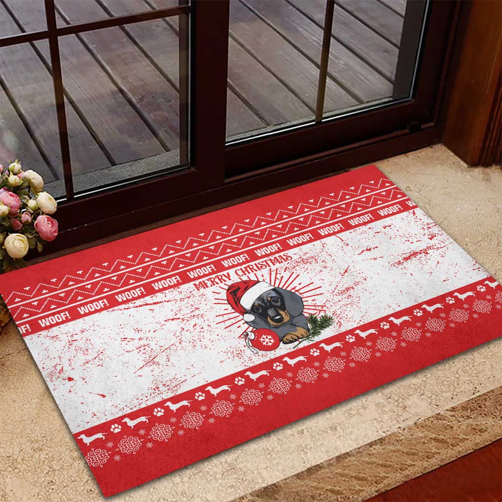 Christmas Dachshund Dog Rubber Doormat Santa Hat Woof Snowflake Paw Design - Wonder Print Shop