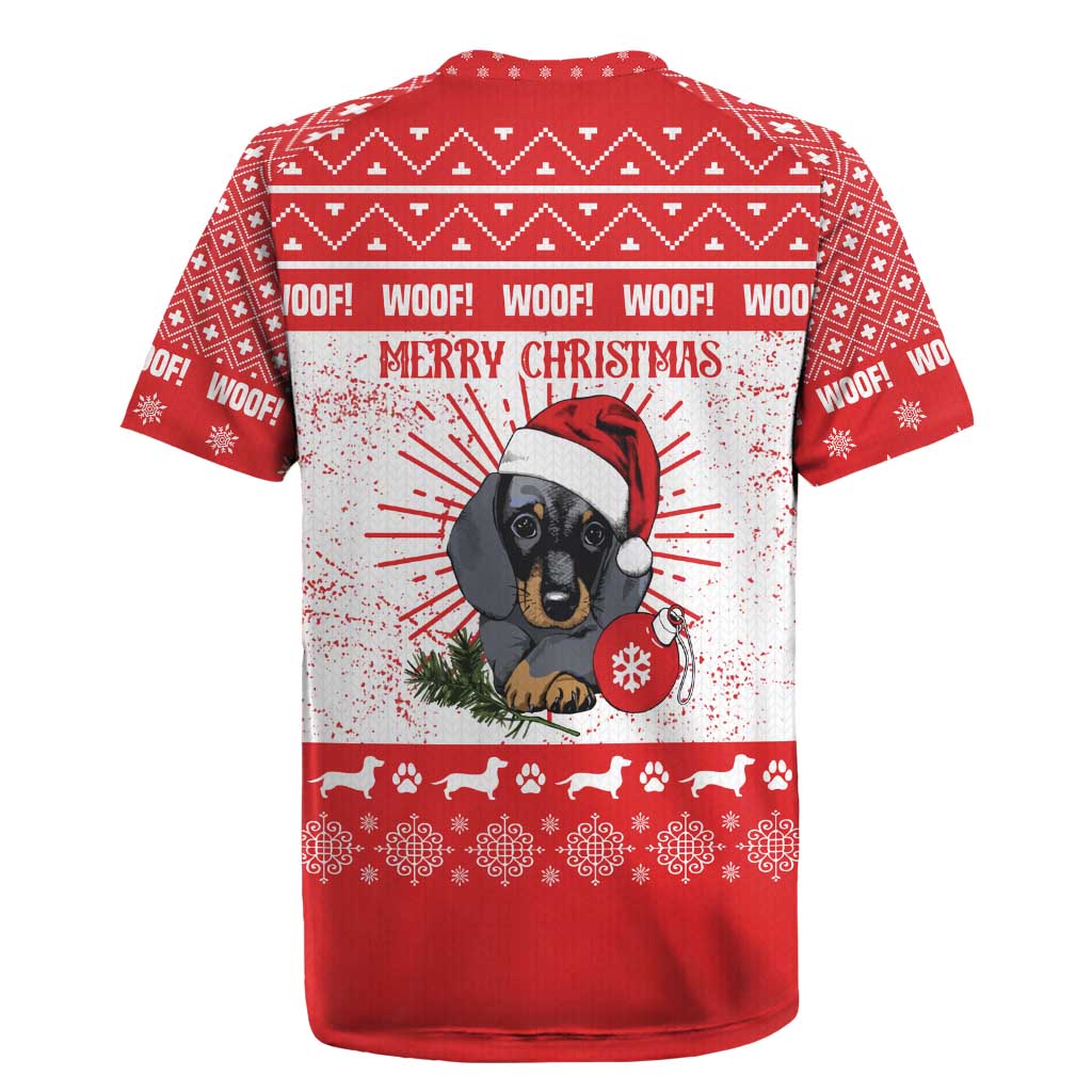 Christmas Dachshund Dog Rugby Jersey Santa Hat Woof Snowflake Paw Design - Wonder Print Shop