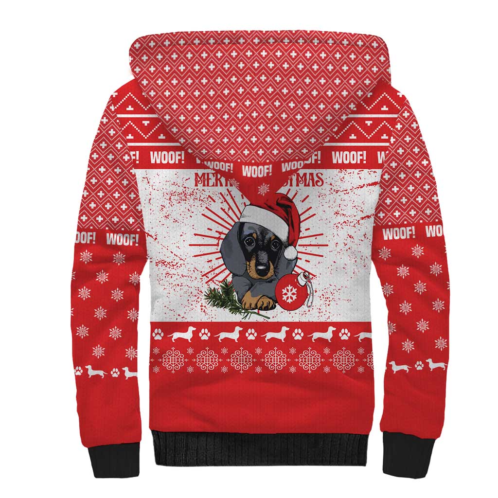 Christmas Dachshund Dog Sherpa Hoodie Santa Hat Woof Snowflake Paw Design - Wonder Print Shop