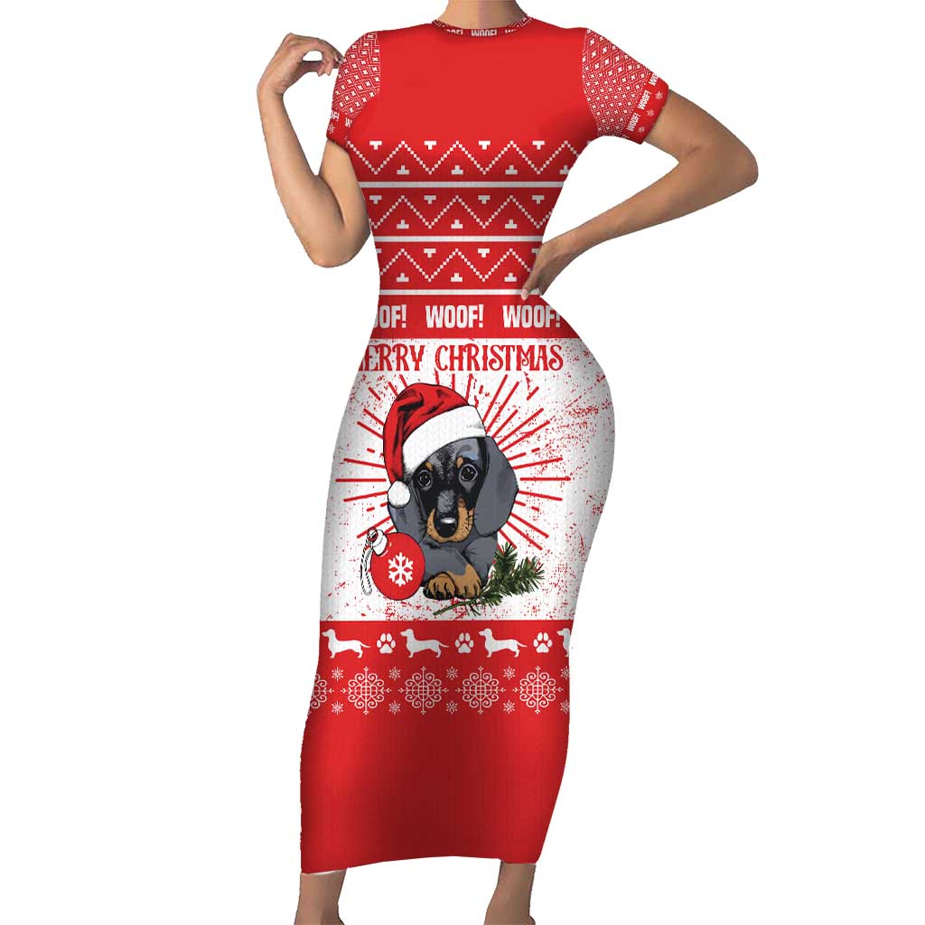 Christmas Dachshund Dog Short Sleeve Bodycon Dress Santa Hat Woof Snowflake Paw Design - Wonder Print Shop