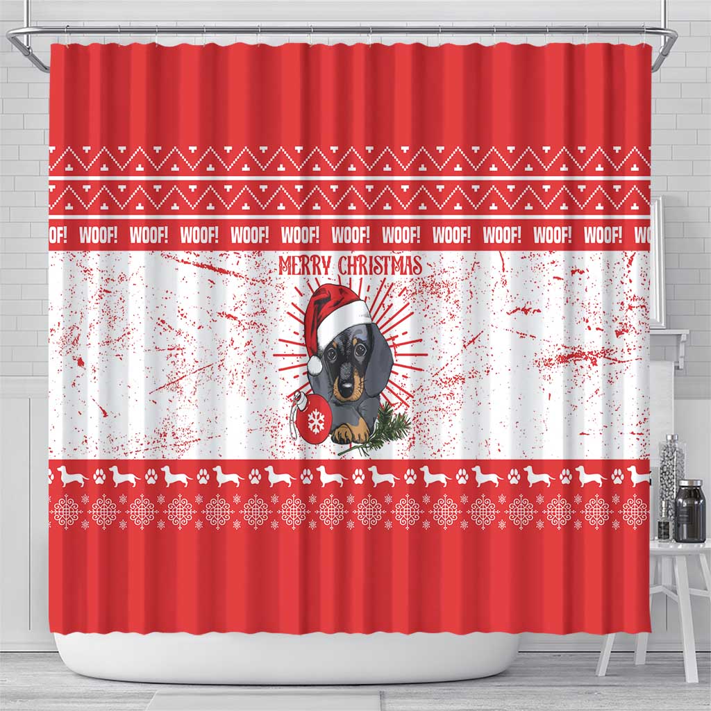 Christmas Dachshund Dog Shower Curtain Santa Hat Woof Snowflake Paw Design - Wonder Print Shop