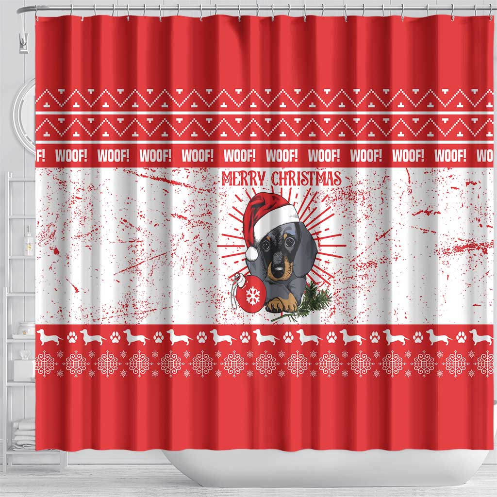 Christmas Dachshund Dog Shower Curtain Santa Hat Woof Snowflake Paw Design - Wonder Print Shop