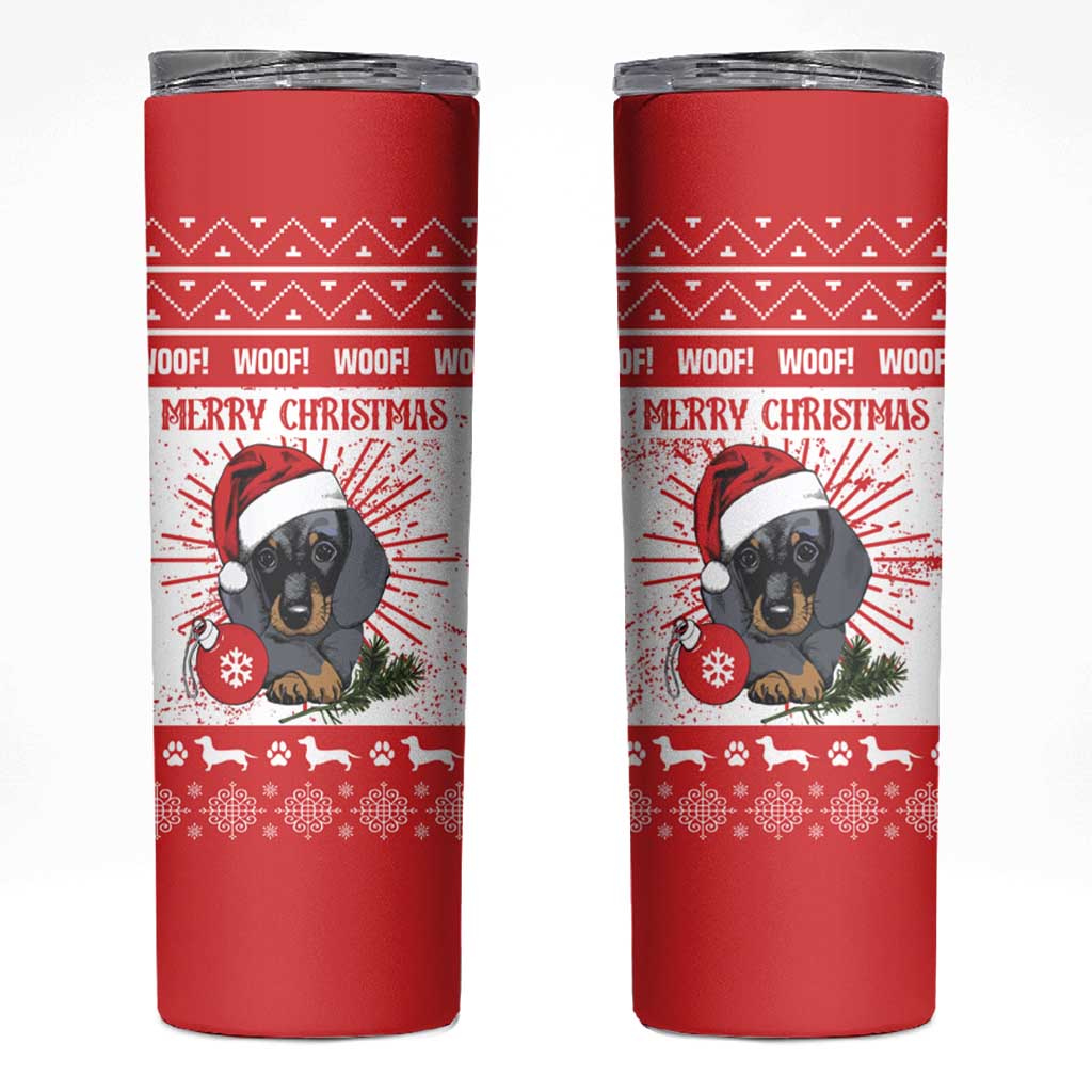 Christmas Dachshund Dog Skinny Tumbler Santa Hat Woof Snowflake Paw Design - Wonder Print Shop