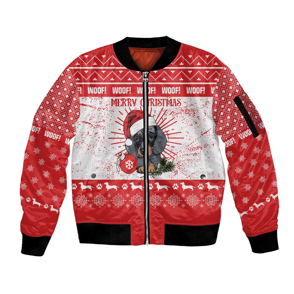 Christmas Dachshund Dog Sleeve Zip Bomber Jacket Santa Hat Woof Snowflake Paw Design - Wonder Print Shop