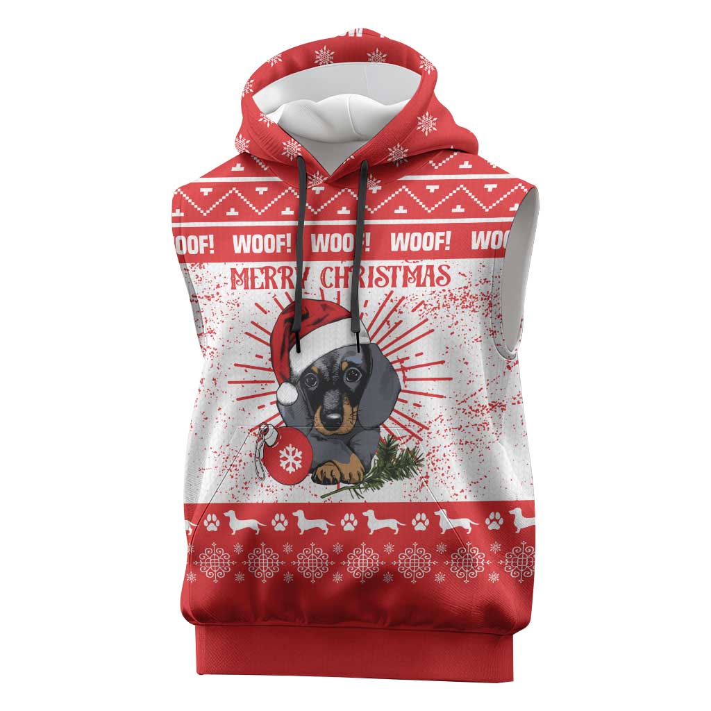 Christmas Dachshund Dog Sleeveless Hoodie Santa Hat Woof Snowflake Paw Design - Wonder Print Shop