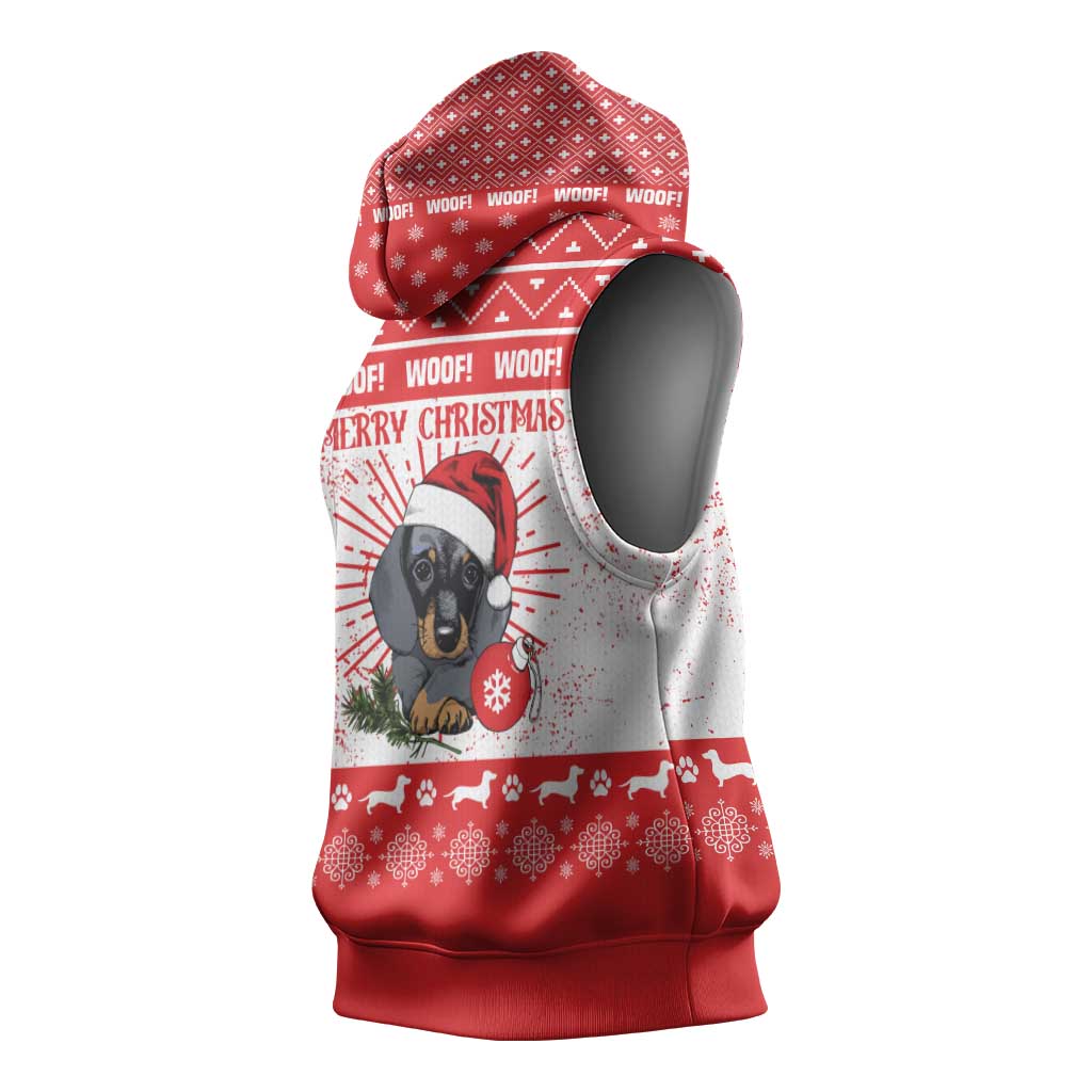 Christmas Dachshund Dog Sleeveless Hoodie Santa Hat Woof Snowflake Paw Design - Wonder Print Shop