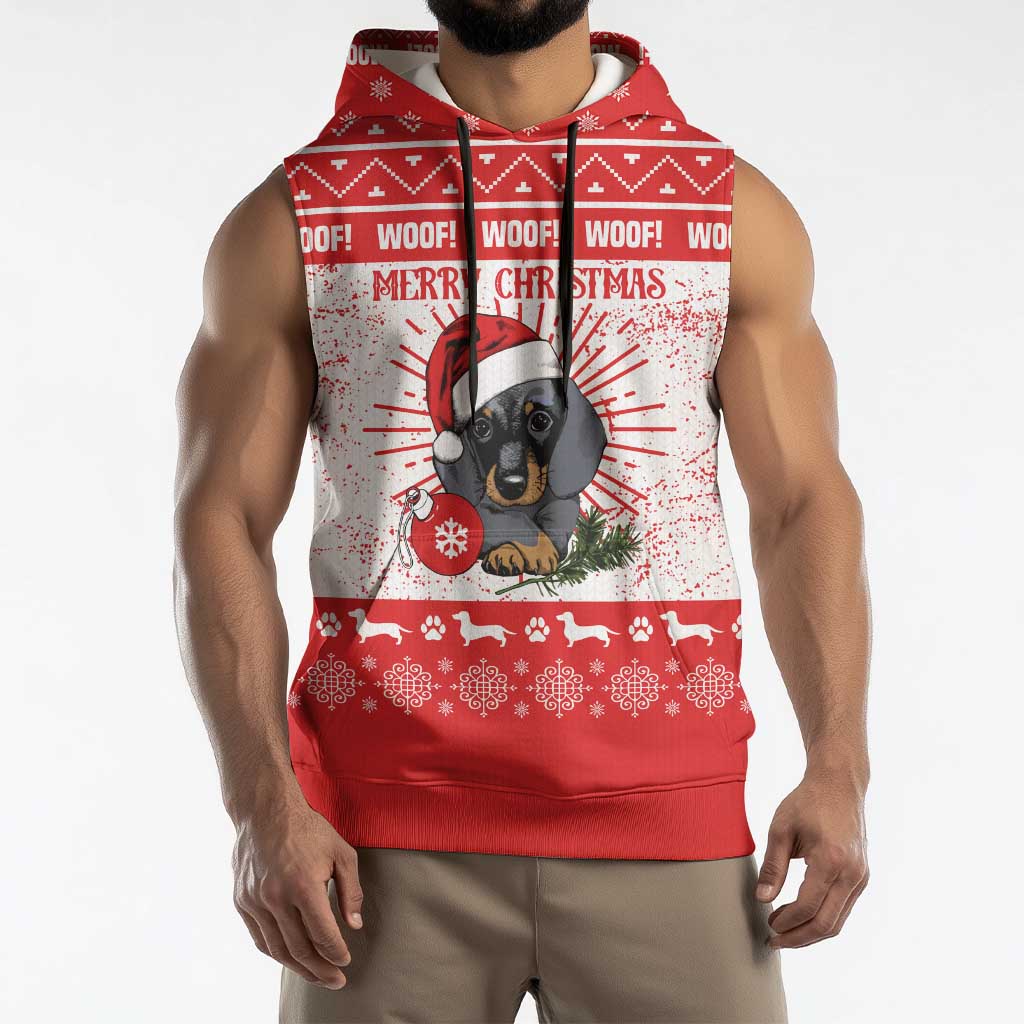 Christmas Dachshund Dog Sleeveless Hoodie Santa Hat Woof Snowflake Paw Design - Wonder Print Shop