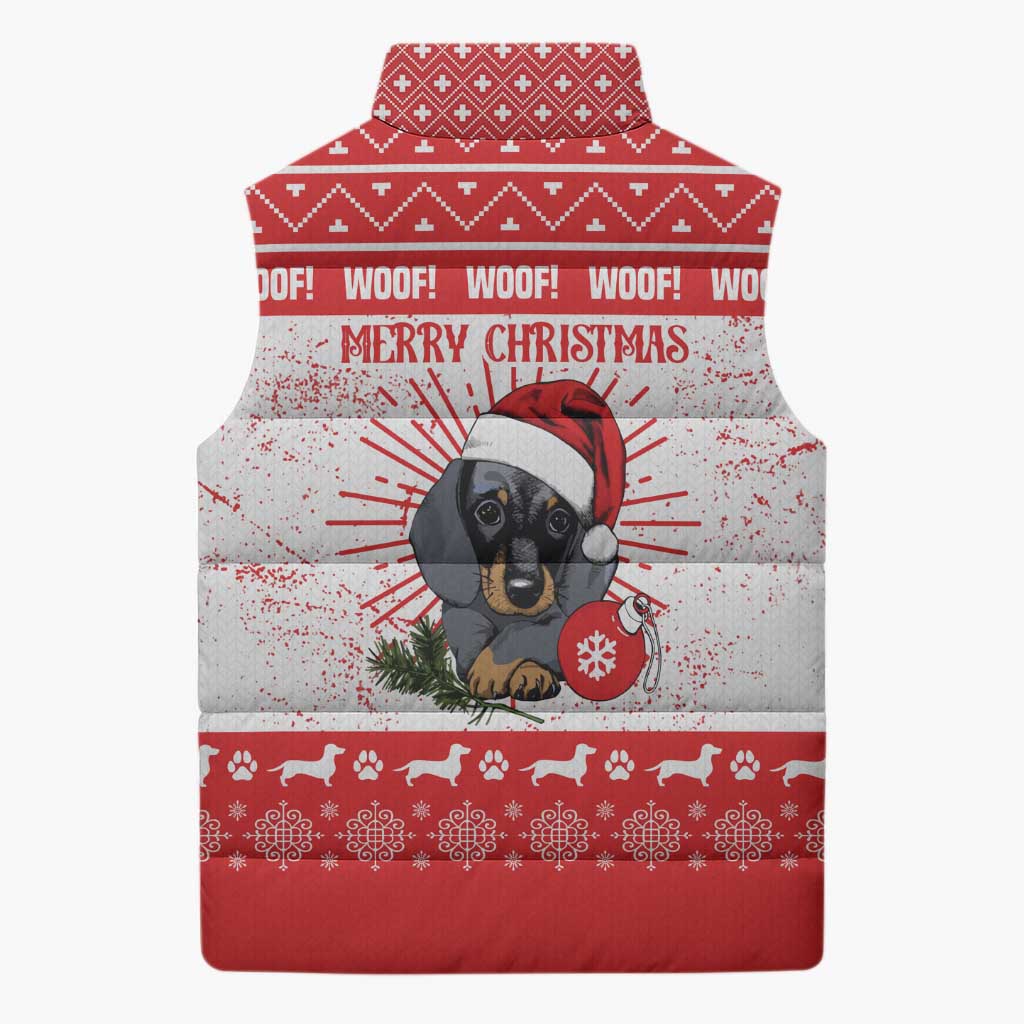 Christmas Dachshund Dog Sleeveless Puffer Jacket Santa Hat Woof Snowflake Paw Design - Wonder Print Shop