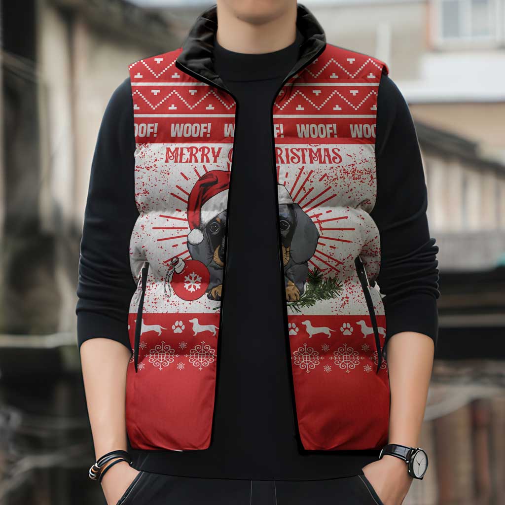 Christmas Dachshund Dog Sleeveless Puffer Jacket Santa Hat Woof Snowflake Paw Design - Wonder Print Shop