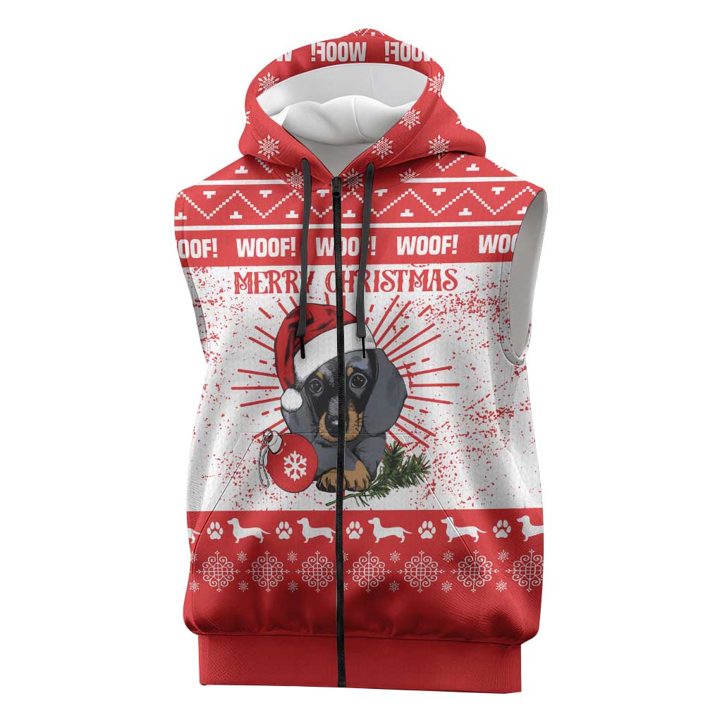 Christmas Dachshund Dog Sleeveless Zip Hoodie Santa Hat Woof Snowflake Paw Design - Wonder Print Shop