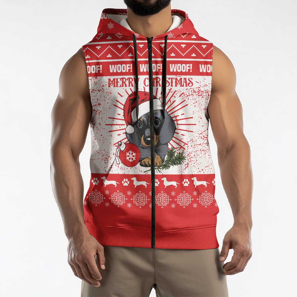 Christmas Dachshund Dog Sleeveless Zip Hoodie Santa Hat Woof Snowflake Paw Design - Wonder Print Shop