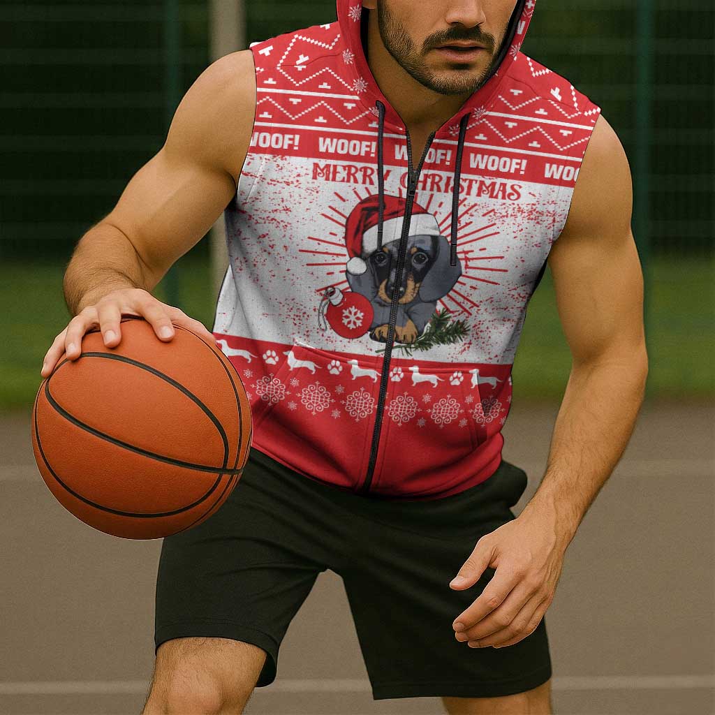 Christmas Dachshund Dog Sleeveless Zip Hoodie Santa Hat Woof Snowflake Paw Design - Wonder Print Shop