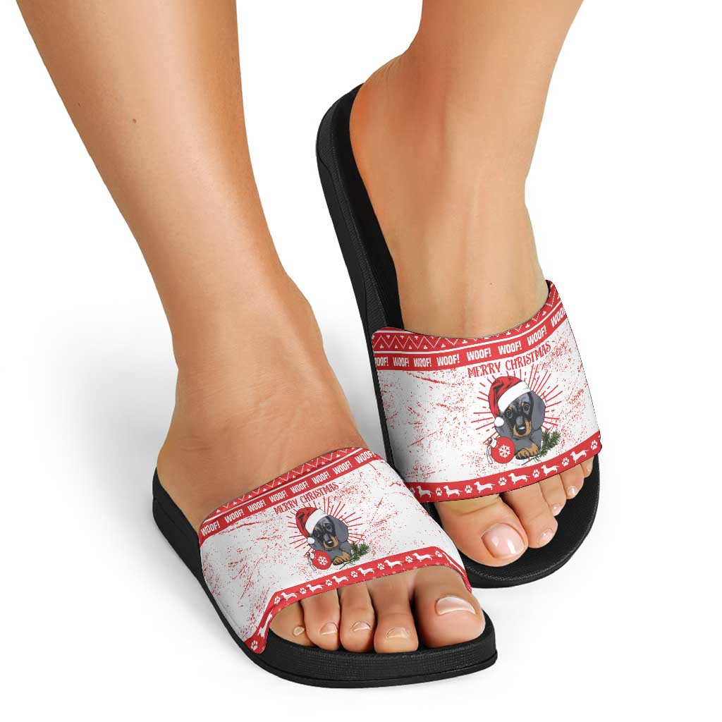Christmas Dachshund Dog Slide Sandals Santa Hat Woof Snowflake Paw Design - Wonder Print Shop
