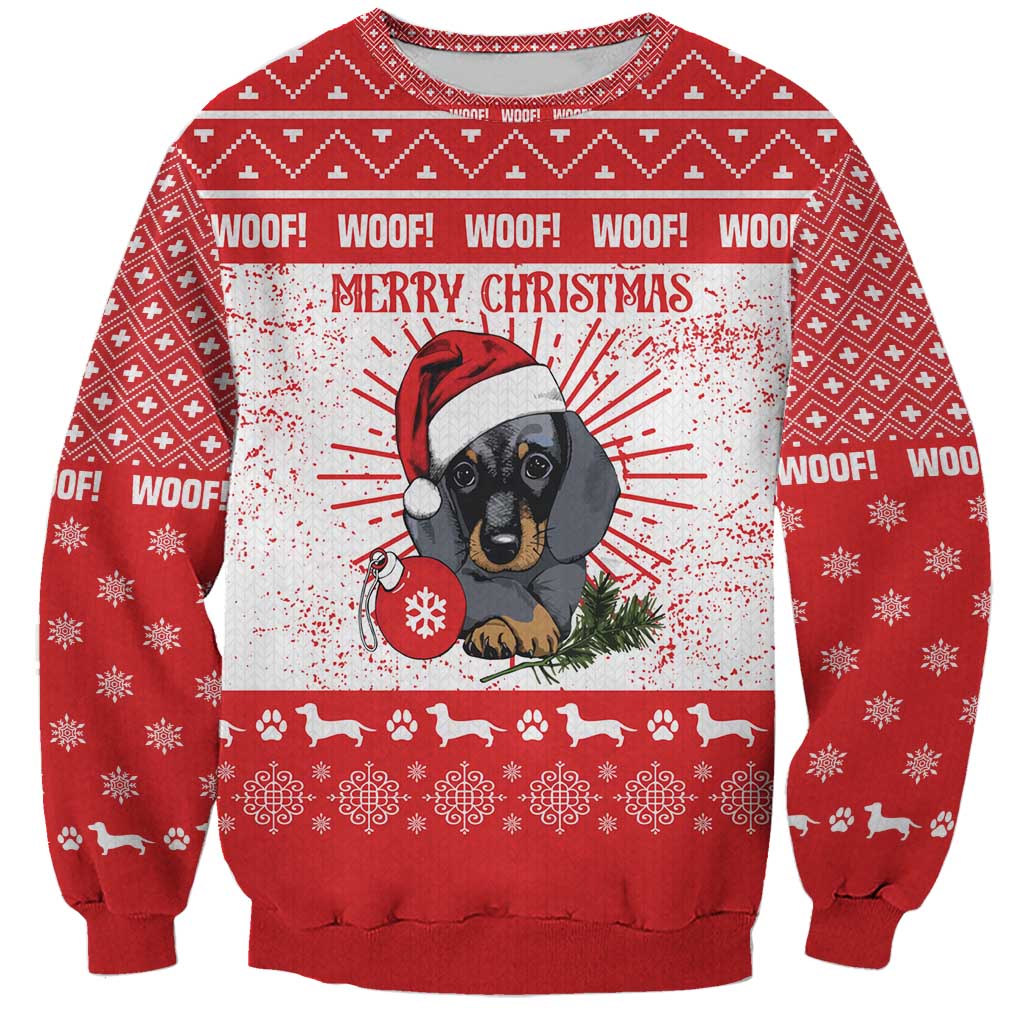 Christmas Dachshund Dog Sweatshirt Santa Hat Woof Snowflake Paw Design - Wonder Print Shop