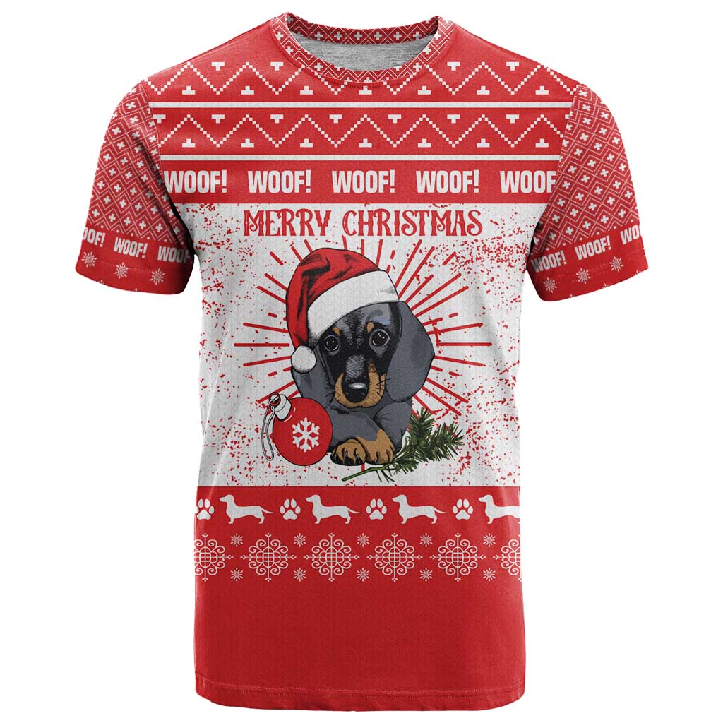 Christmas Dachshund Dog T Shirt Santa Hat Woof Snowflake Paw Design - Wonder Print Shop