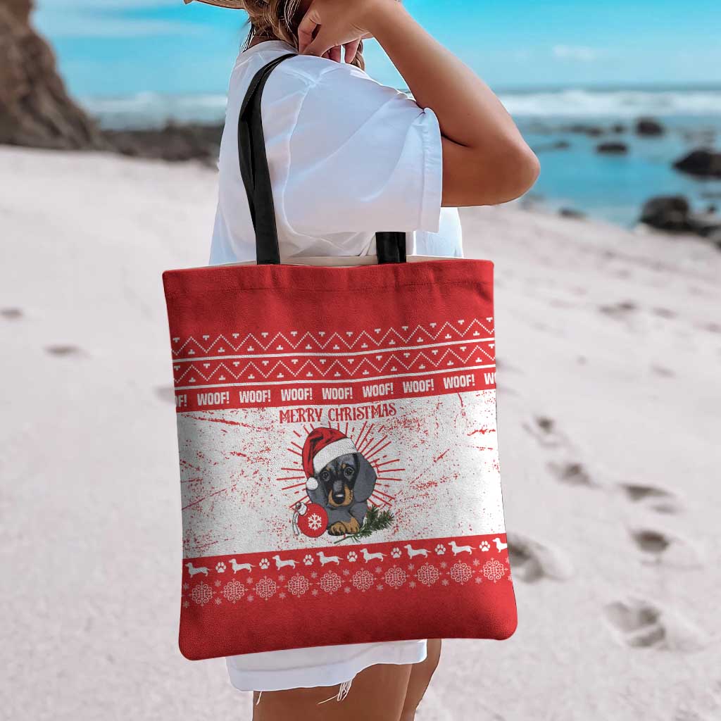 Christmas Dachshund Dog Tote Bag Santa Hat Woof Snowflake Paw Design - Wonder Print Shop