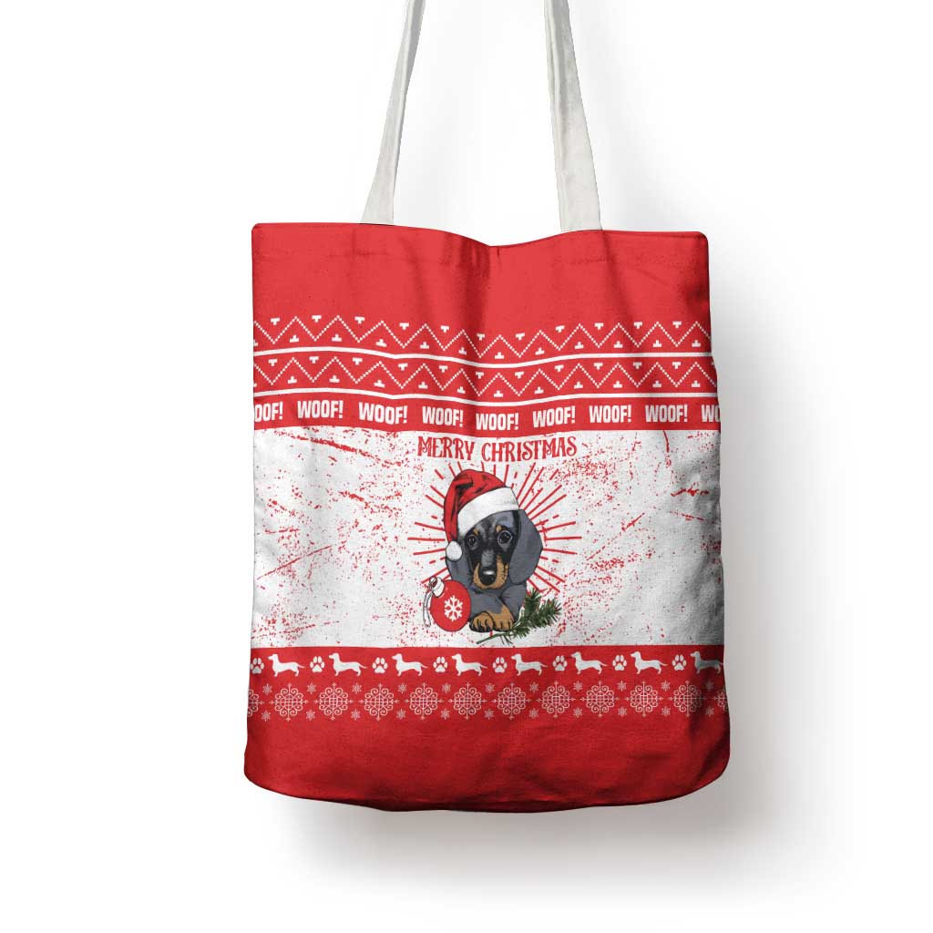 Christmas Dachshund Dog Tote Bag Santa Hat Woof Snowflake Paw Design - Wonder Print Shop