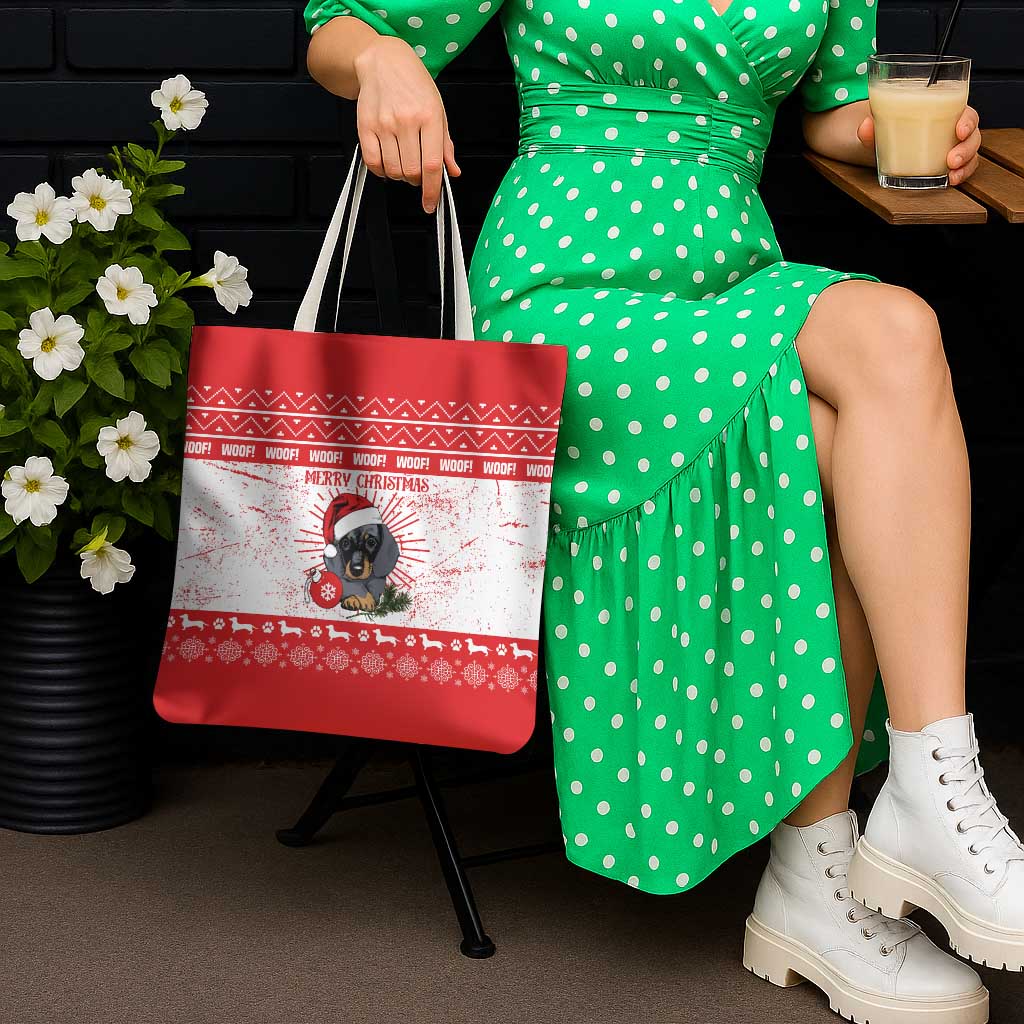 Christmas Dachshund Dog Tote Bag Santa Hat Woof Snowflake Paw Design - Wonder Print Shop