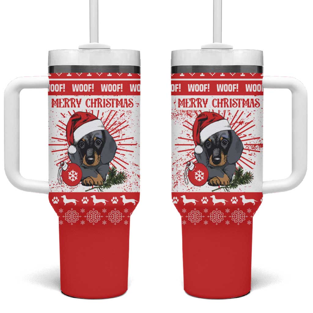 Christmas Dachshund Dog Tumbler With Handle Santa Hat Woof Snowflake Paw Design - Wonder Print Shop