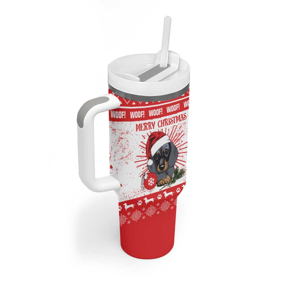 Christmas Dachshund Dog Tumbler With Handle Santa Hat Woof Snowflake Paw Design - Wonder Print Shop