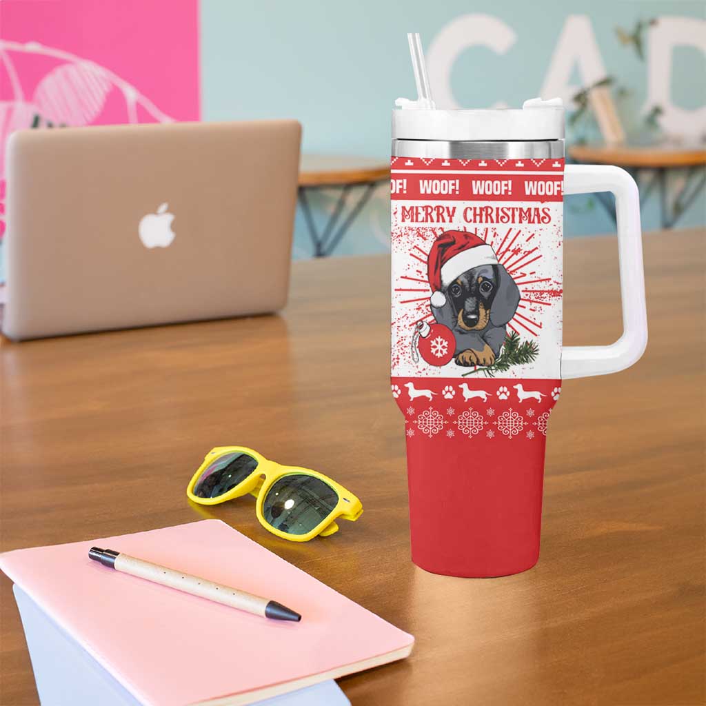 Christmas Dachshund Dog Tumbler With Handle Santa Hat Woof Snowflake Paw Design - Wonder Print Shop