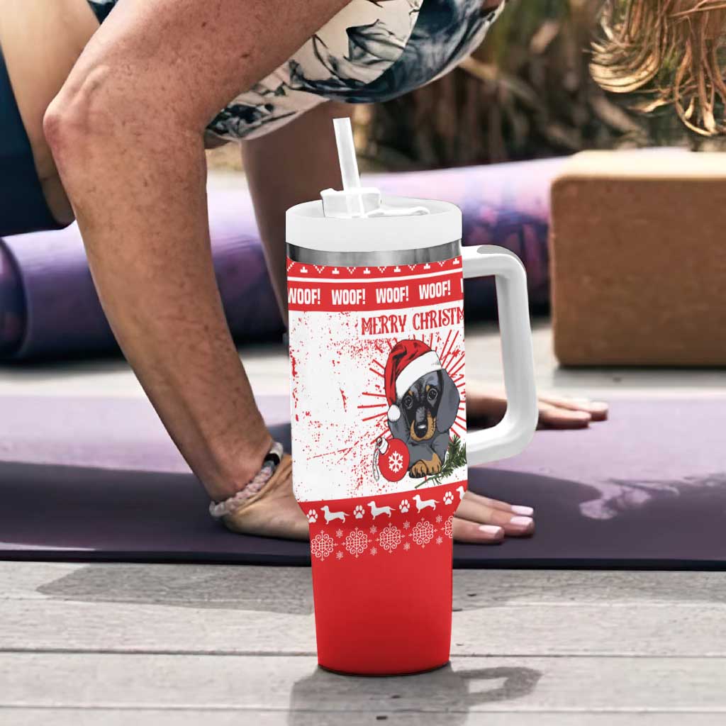 Christmas Dachshund Dog Tumbler With Handle Santa Hat Woof Snowflake Paw Design - Wonder Print Shop