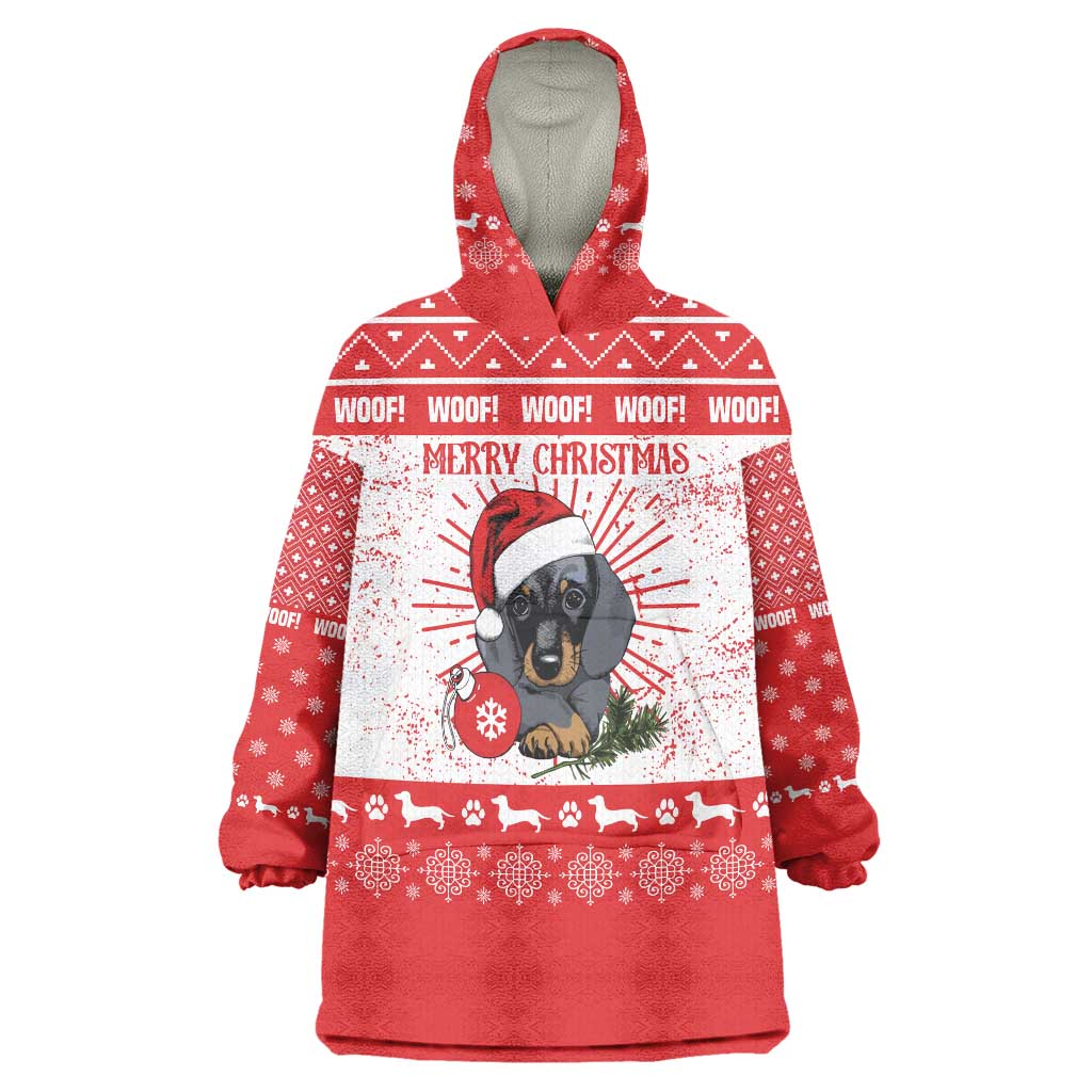 Christmas Dachshund Dog Wearable Blanket Hoodie Santa Hat Woof Snowflake Paw Design - Wonder Print Shop