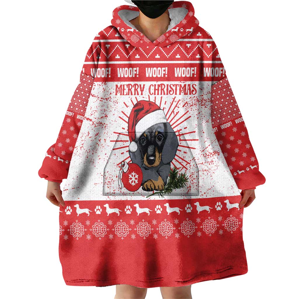 Christmas Dachshund Dog Wearable Blanket Hoodie Santa Hat Woof Snowflake Paw Design - Wonder Print Shop