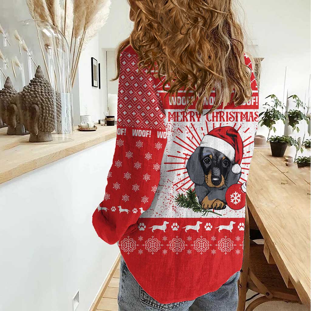 Christmas Dachshund Dog Women Casual Shirt Santa Hat Woof Snowflake Paw Design - Wonder Print Shop