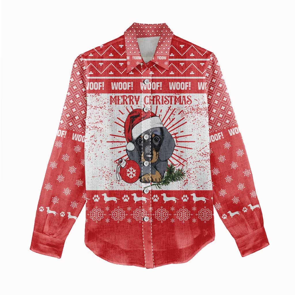 Christmas Dachshund Dog Women Casual Shirt Santa Hat Woof Snowflake Paw Design - Wonder Print Shop