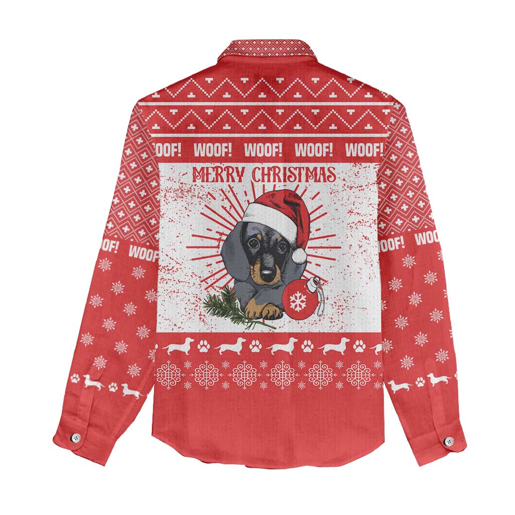 Christmas Dachshund Dog Women Casual Shirt Santa Hat Woof Snowflake Paw Design - Wonder Print Shop
