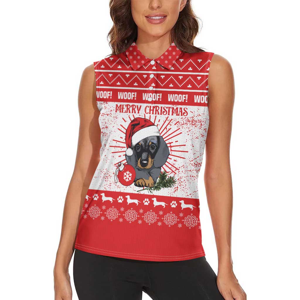 Christmas Dachshund Dog Women Sleeveless Polo Shirt Santa Hat Woof Snowflake Paw Design - Wonder Print Shop
