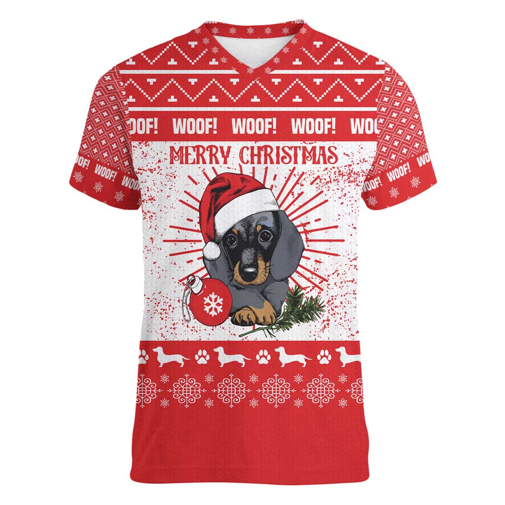 Christmas Dachshund Dog Women V-Neck T-Shirt Santa Hat Woof Snowflake Paw Design - Wonder Print Shop