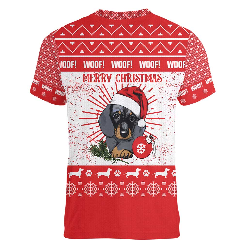 Christmas Dachshund Dog Women V-Neck T-Shirt Santa Hat Woof Snowflake Paw Design - Wonder Print Shop